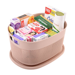 Kuber Industries Unbreakable Small Multipurpose Storage Baskets with lid|Design-Netted|Material-Plastic|Shape-Oval|Color-Beige|Pack of 3