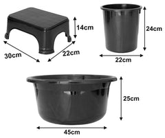Kuber Industries 3 Pieces Plastic Tub, Dustbin & Stool Set (Black)