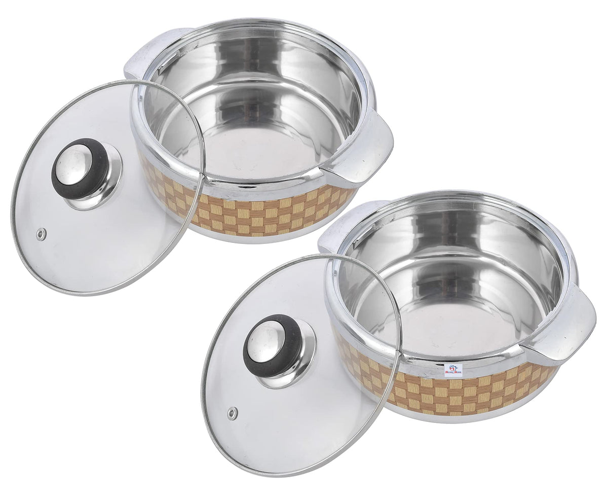 Heart Home Check Printed BPA Free Food Grade Inner Stainless Steel Casserole Keeps Chapati, Food, Curry With Toughened Glass Lid, 1500ml- Pack of 2 (Brown)-HS42KUBMART25024