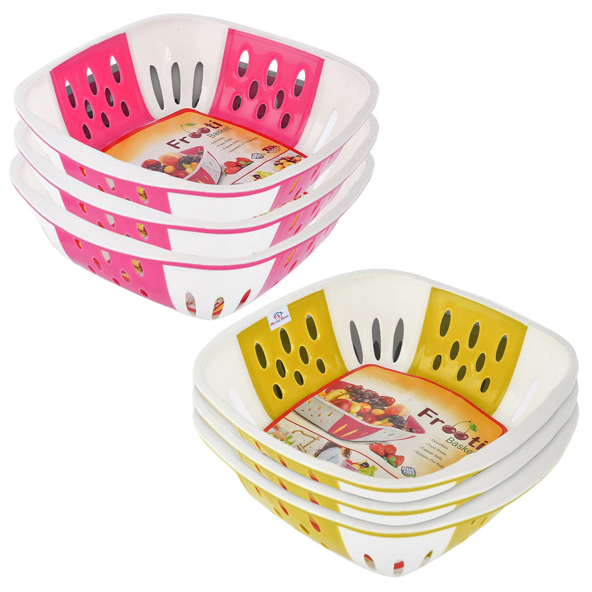 Heart Home Large Multi-Purpose Plastic Storage Baskets for Fruits Vegetables and Kitchen Fridge Dining Table- Pack of 6 (Pink & Green)-HS42KUBMART25432
