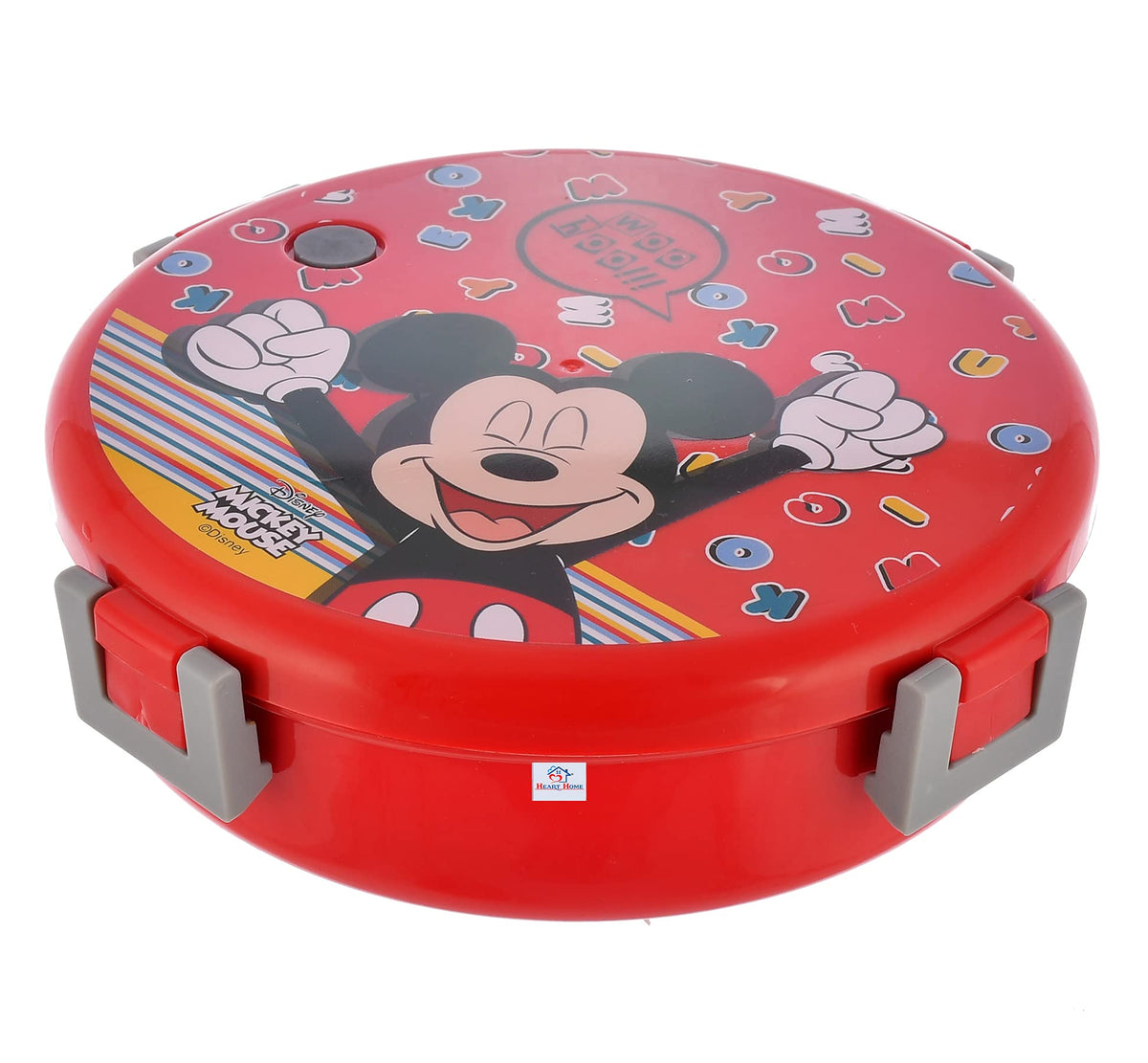 Heart Home Mickey Mouse Printed Round Inner Steel, BPA Free Insulated Lunch Box with Pickle Box & 1 Plastic Spoon (Red), Standard