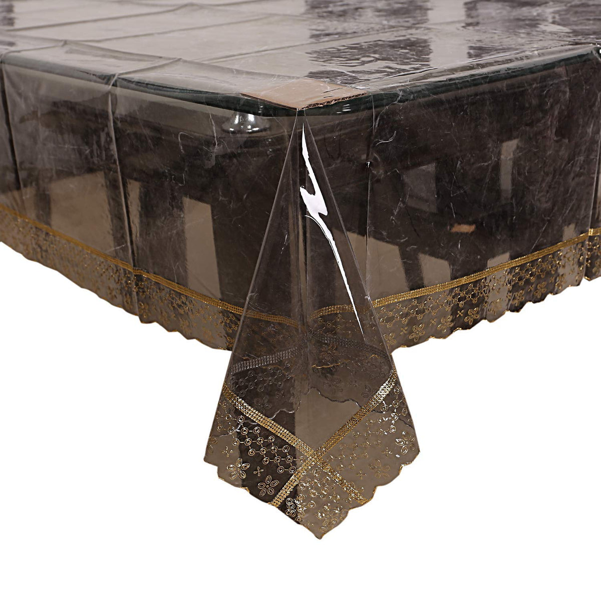 Kuber Industries PVC 4 Seater Center Table Cover with Golden Lace (Black Transparent), CTKTC13897