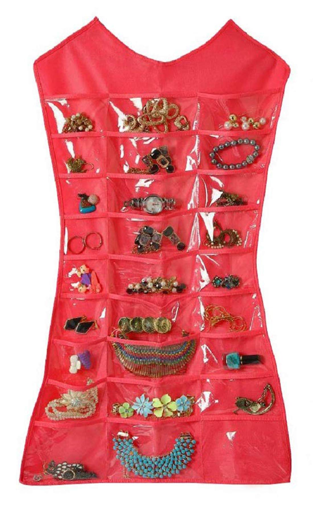 Kuber Industries Hanging Jewellery Organizer|Transparent Pockets & Waterproof PVC Material|Upto 27 Pockets, Size 81 x 40 CM (Pink)