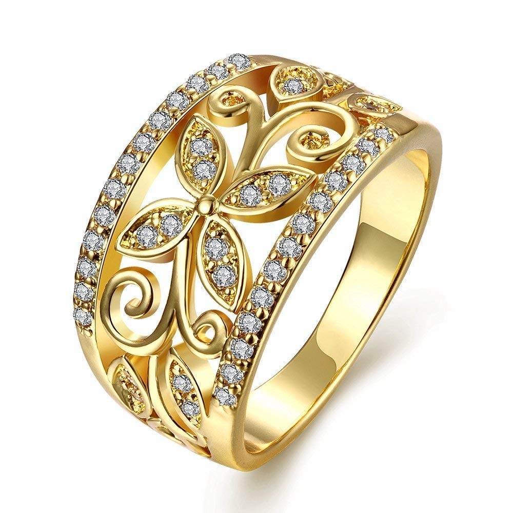 Yellow Chimes Rings for Women Crystal Studded Flower Band Golden Adjustable Ring for Women and Girls.
