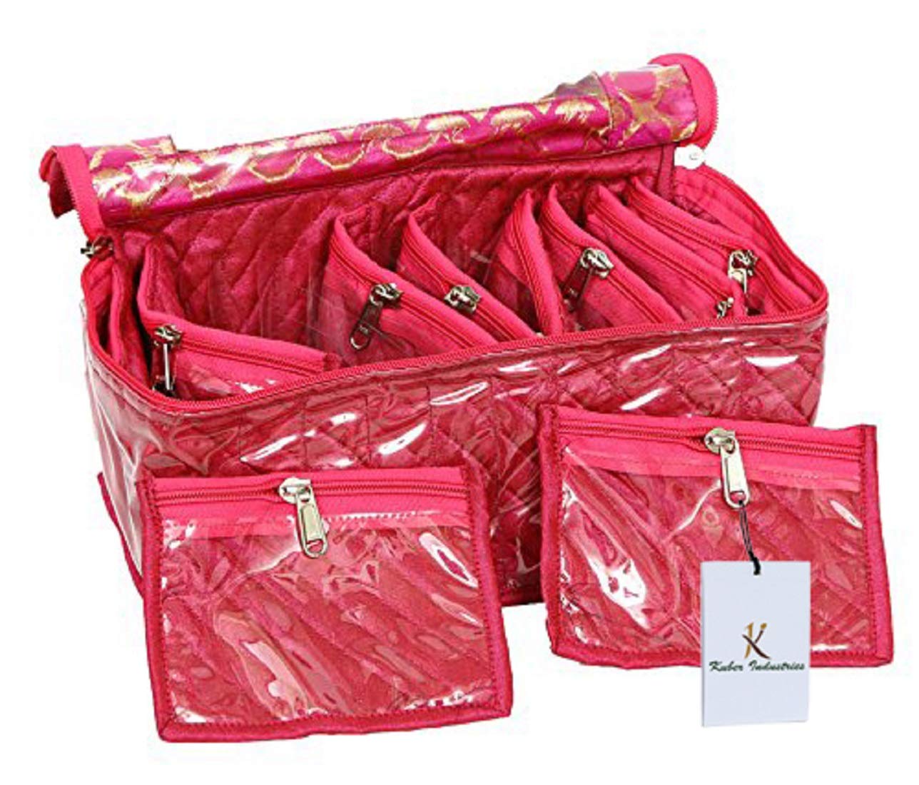 Kuber Industries Brocade Jewellery kit with 10 Pouch|Solid Print With Waterproof Outer Material|10 Pouches & Zipper Closure|Size 26 x 12 x 15, Pack of 1 (Pink)