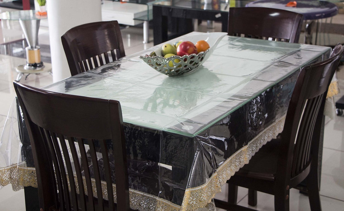 Kuber Industries PVC Dinner Table Cover - Transparent, Golden Lace, 6 Seater