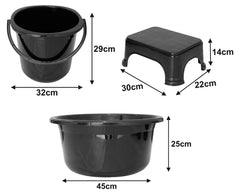Kuber Industries 3 Pieces Plastic Bucket, Stool & Tub Set (Black)