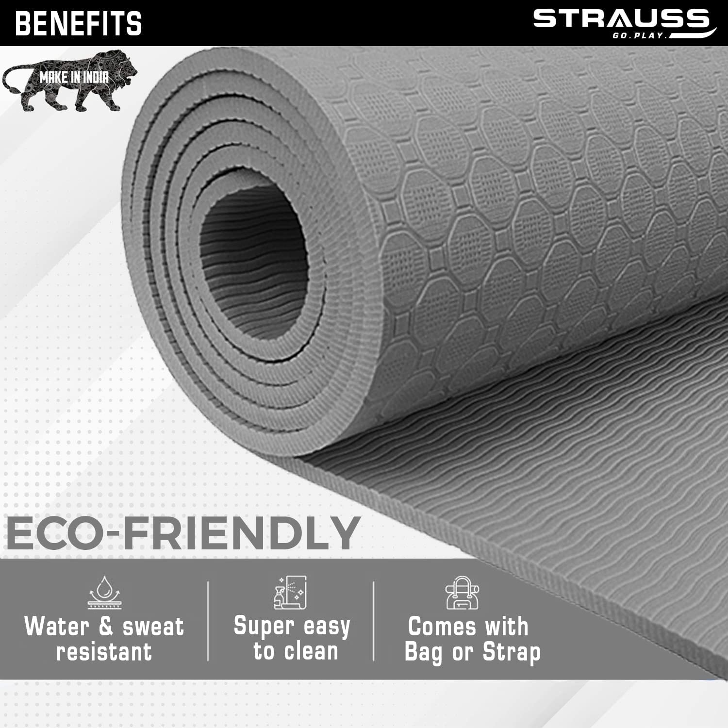 Strauss Anti Skid TPE Yoga Mat with Carry Strap, 6mm, (Grey)