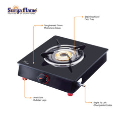 Surya Flame Smart Gas Stove Glass Top | LPG Gas Stove With Jumbo Burner | Unbreakable ABS Knobs | Anti Skid Legs | Rust Free Body - 2 Years Complete Doorstep Warranty (1 Burner, 2)