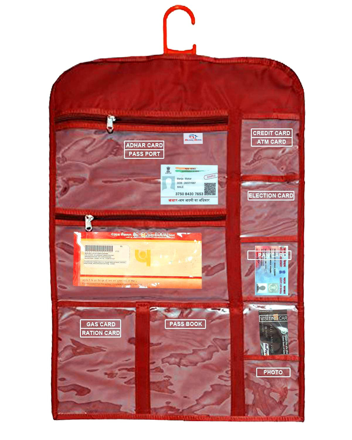 Heart Home Document Organizer| Hanging Organizer PVC Laminated|Multi Utility Pocket Storage (Red)
