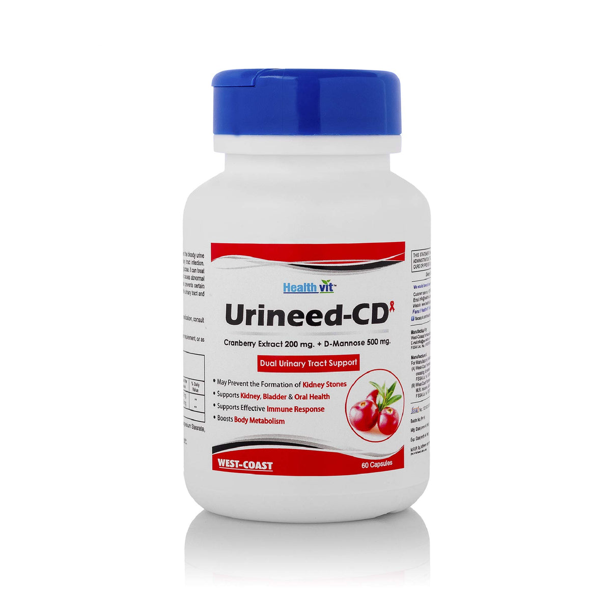 Healthvit Urineed-CD Cranberry Extract 200 mg + D-Mannose 500 mg Capsules - 60 Count