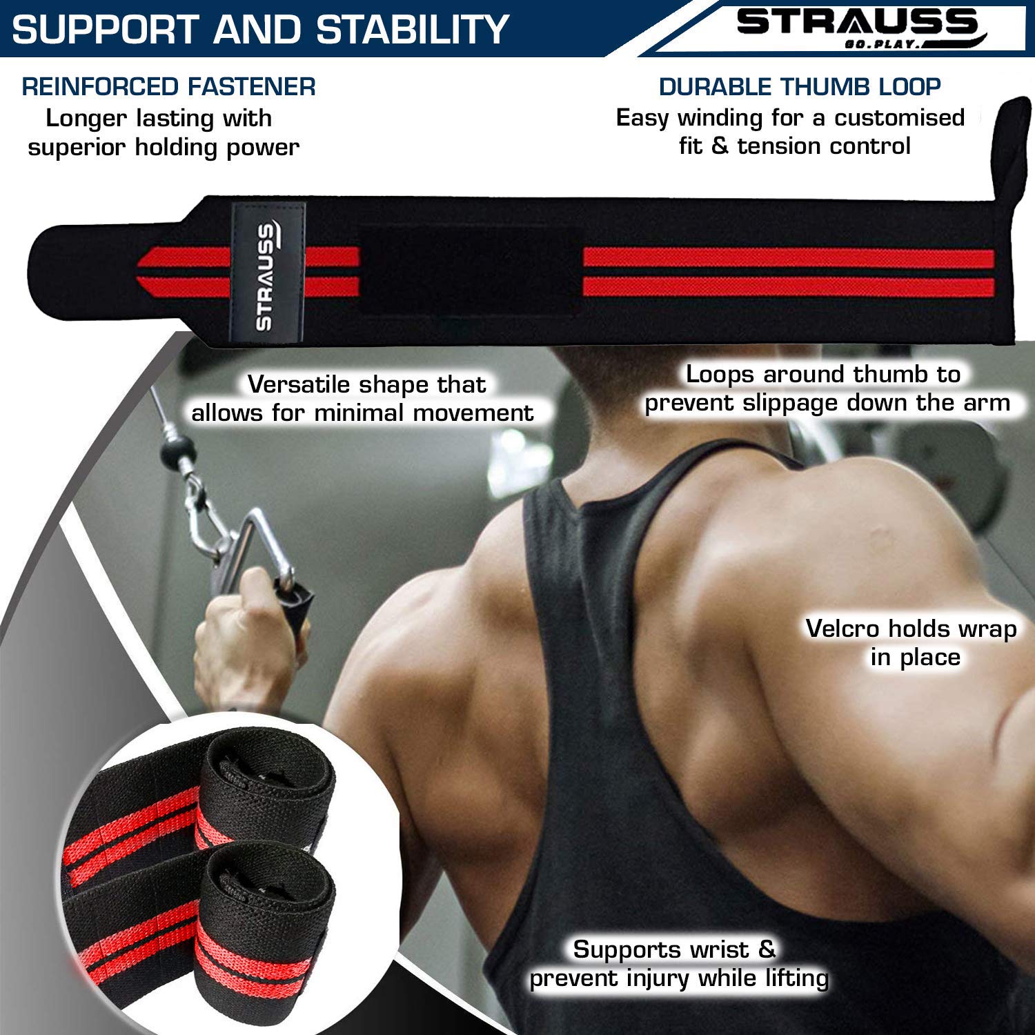 STRAUSS WL Cotton Wrist Supporter with Thumb Loop Straps & Closures for Gym, Workouts & Strength Training| Adjustable & Breathable with Powerful Velcro & Soft Material, (Black/red)