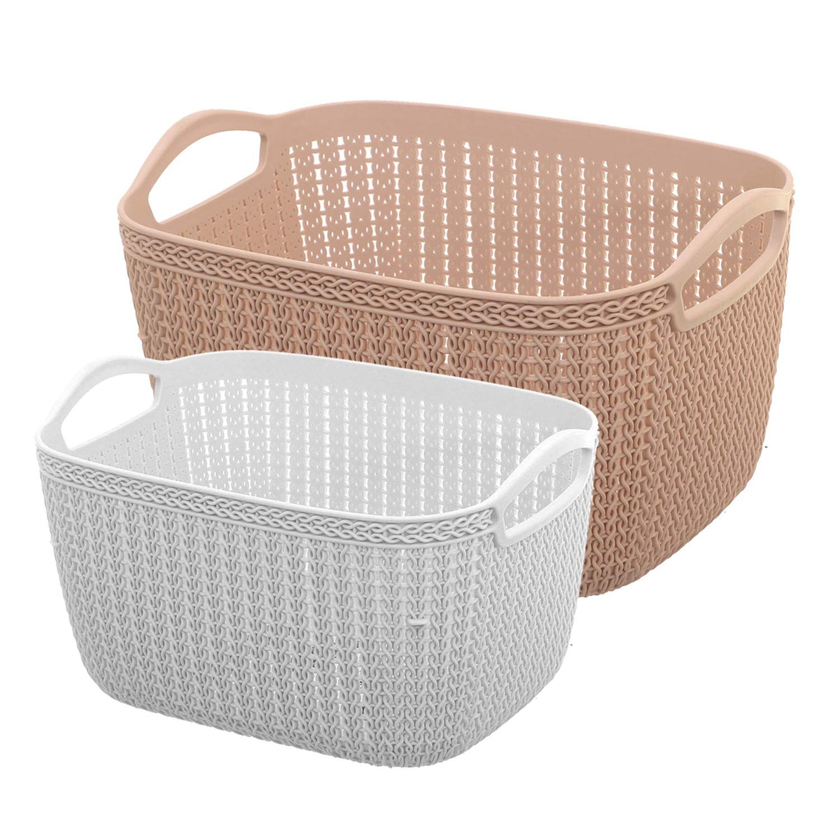 Kuber Industries Plastic 2 Pieces Multipurpose Large and Medium Size Flexible Storage Baskets/Fruit Vegetable Kitchen Organizer with Handles (White and Peach) - CTKTC030635