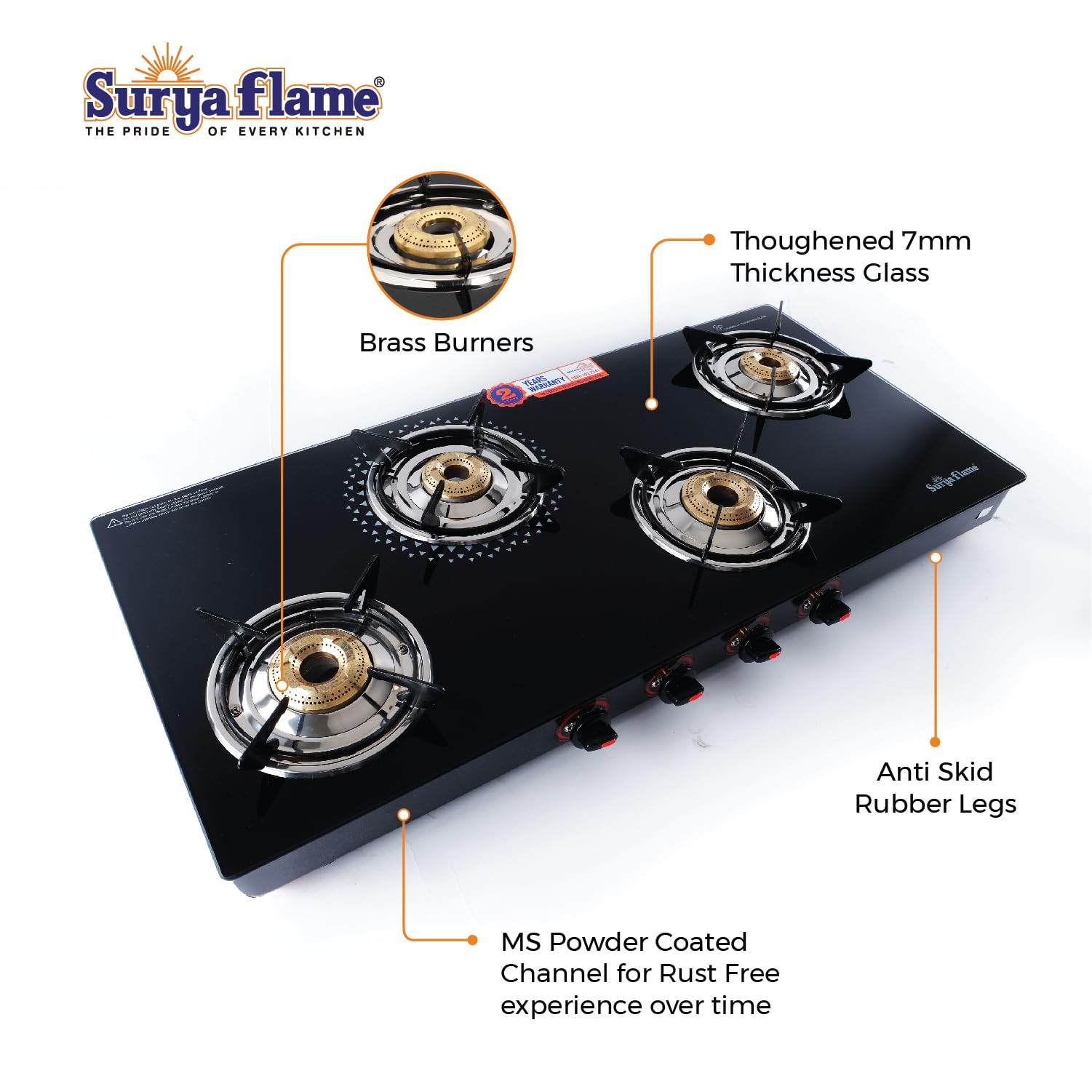 Surya Flame Smart Gas Stove 4 Burners With Glass Top | India's First ISI Certifed Black Body PNG Stove With Jumbo Burner - 2 Years Complete Doorstep Warranty(Pack of 2)
