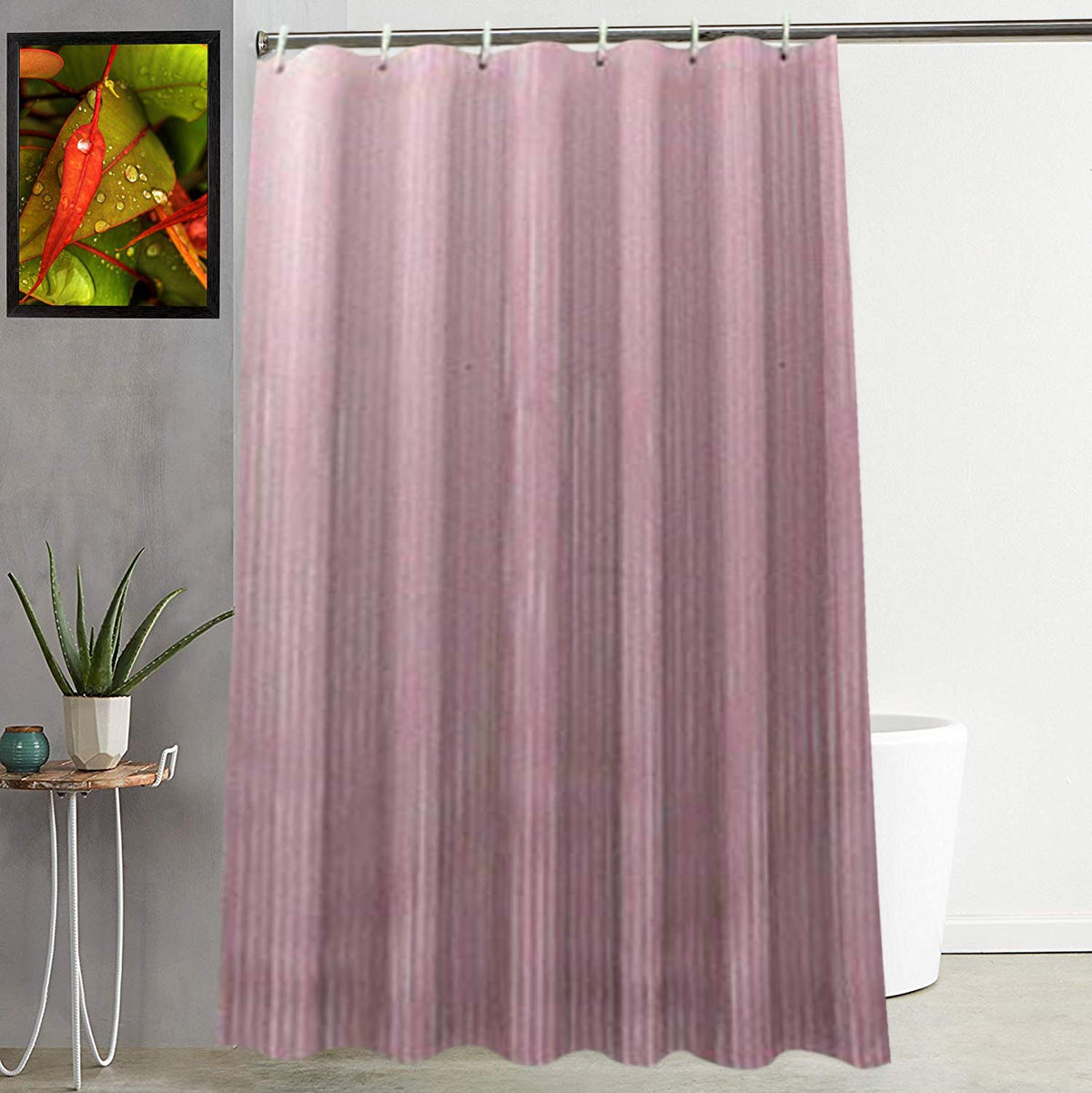 Kuber Industries PVC Striped Curtain|8 Hooks & Waterproof Material|Mold Mildew Free|Size 137 x 213 x 1 CM (Pink)