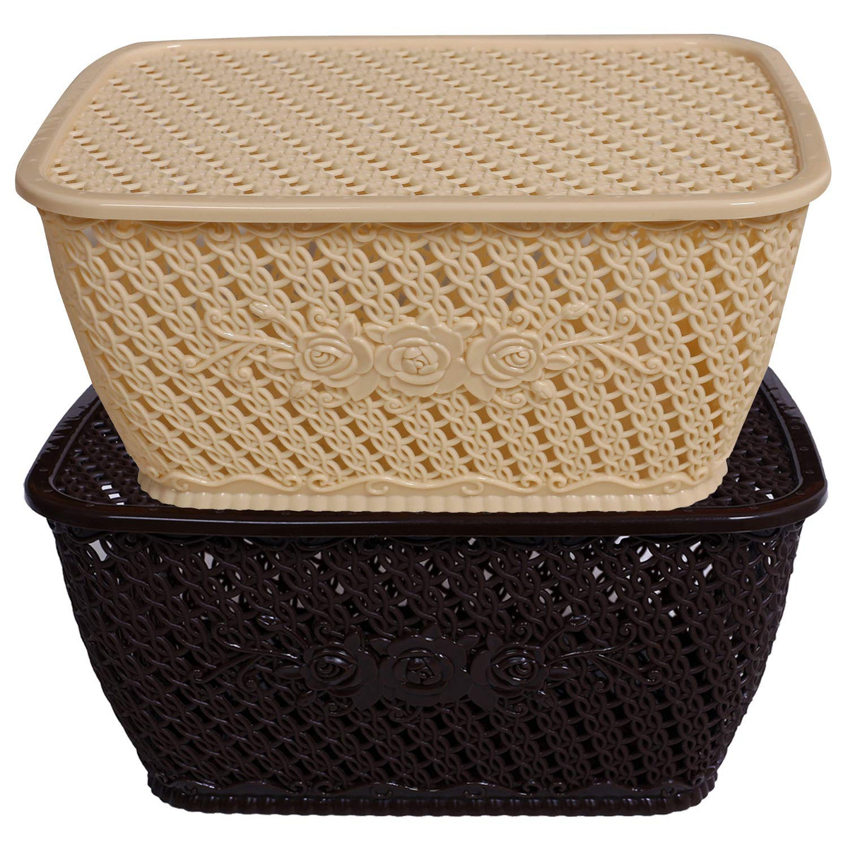 Kuber Industries Plastic 2 Pieces Medium Size Multipurpose Solitaire Storage Basket for Kitchen, Office, Bedroom, Bath Room with Lid (Brown & Cream) CTKTC34307