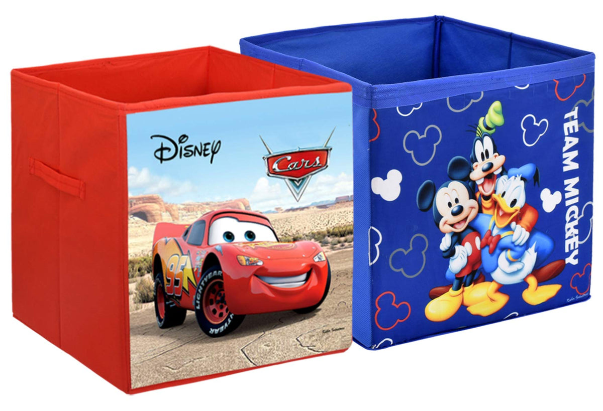 Kuber Industries Disney Print Non Woven Fabric Foldable Toy, Books, Shoes Cube Storage Box with Handle (Brown & Royal Blue, Large, 2 Pieces)