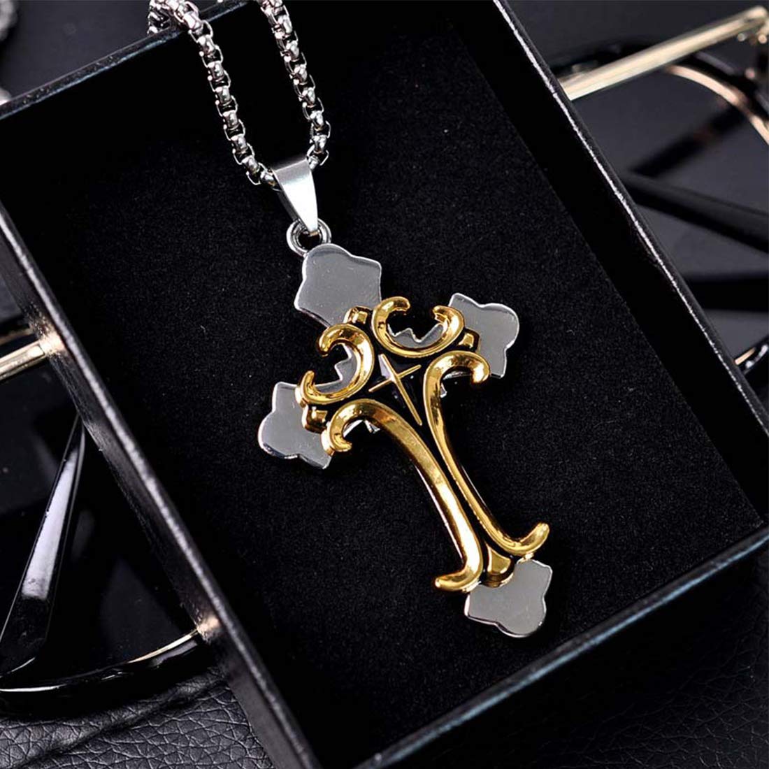 Yellow Chimes Cross Pendant for Men Chain Men Pendant Dual Tone Cross Sign Gold Polished Stainless Steel Chain Pendant for Men and Boys.