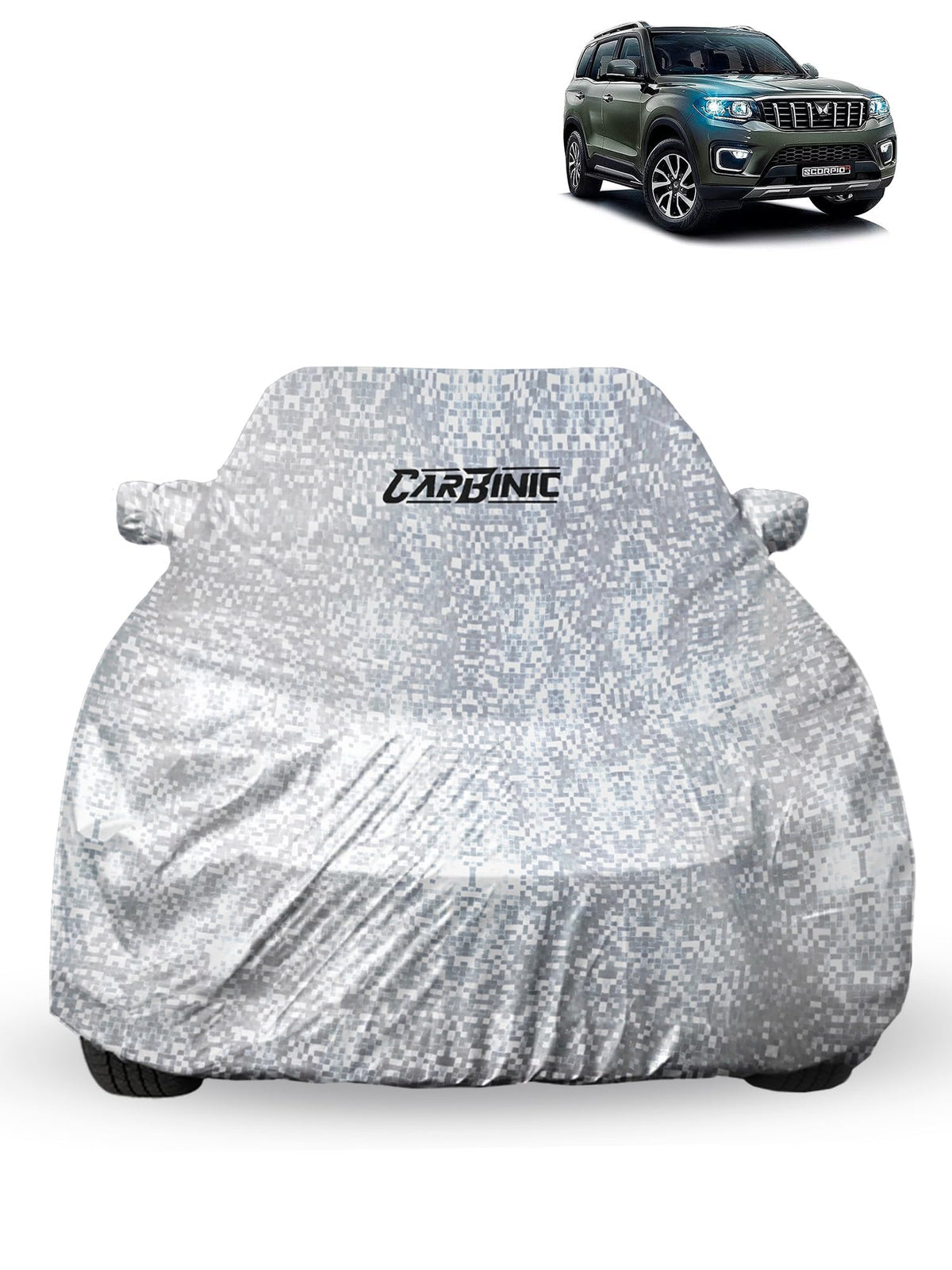 CARBINIC Car Cover for Mahindra Scorpio N2022 Waterproof (Tested) and Dustproof Custom Fit UV Heat Resistant Outdoor Protection with Triple Stitched Fully Elastic Surface | Silver with Pockets