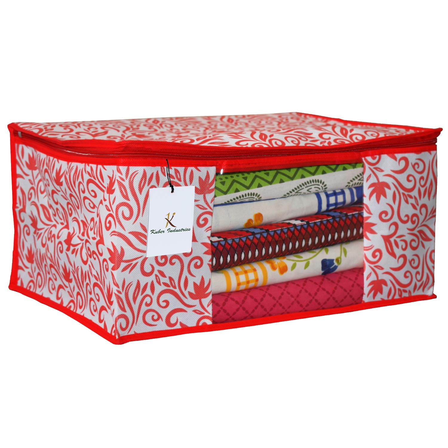 Kuber Industries Floral Design 3 Piece Non Woven Saree Cover, Extra Large, Red (CTKTC2543)