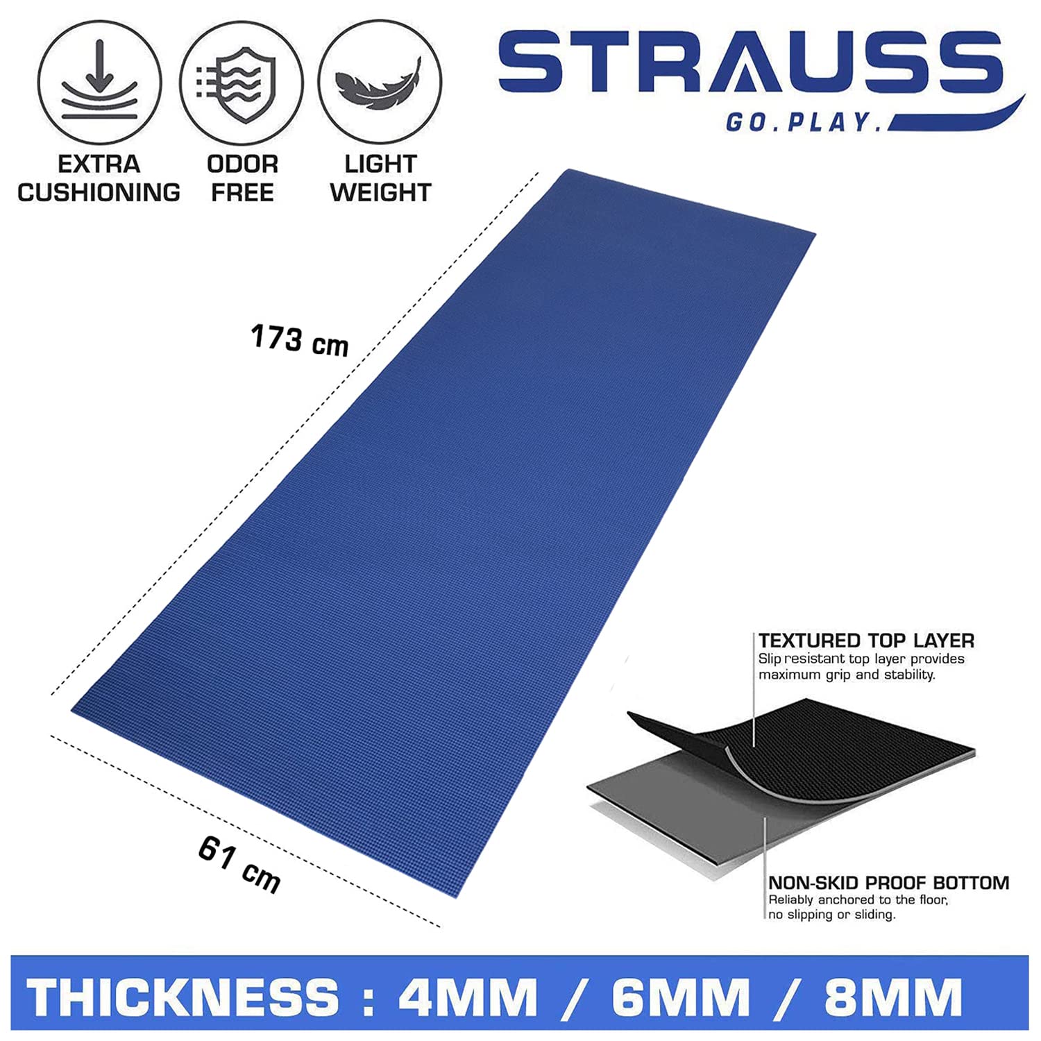 STRAUSS Yoga Mat with Carry Bag | Non-Slip Exercise Mat for Home & Gym| Lightweight & Durable Workout Mat | Ideal for Yoga, Pilates, Fitness | Ideal for Men & Women,6mm,(Blue)