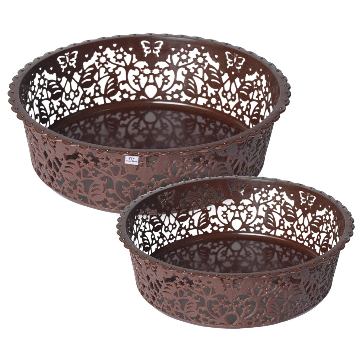 Heart Home Leaf Design Multipurpose Round Shape Basket Ideal For Friuts, Vegetable, Toys Small & Large Pack of 2 (Brown)