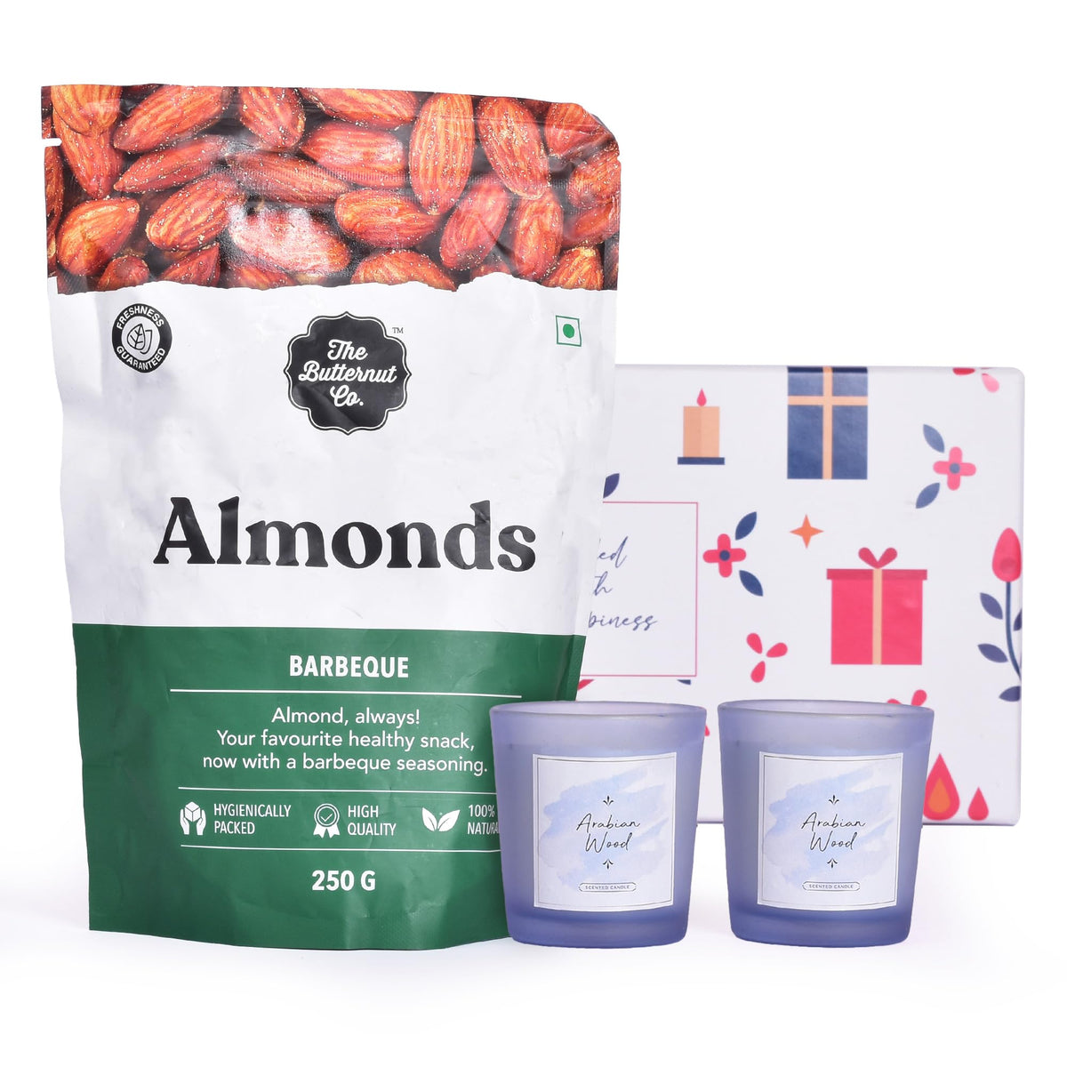 Gleevers Indulgent Delights Gift for Housewarming & Diwali|Gift Box pack of 3 with Almonds(250 g) & 2 Candles (Arabian Wood,60 g)|Gift for Housewarming, Dry Fruits Gift Pack, Diwali Gift