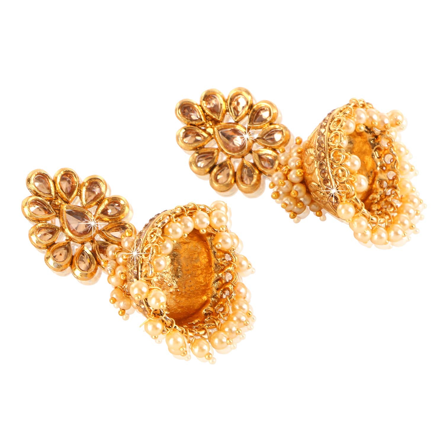 Yellow Chimes Floral Stylish Bandhani Work Kundan Pearl Gold Plated Jhumka Earrings for Women and Girls
