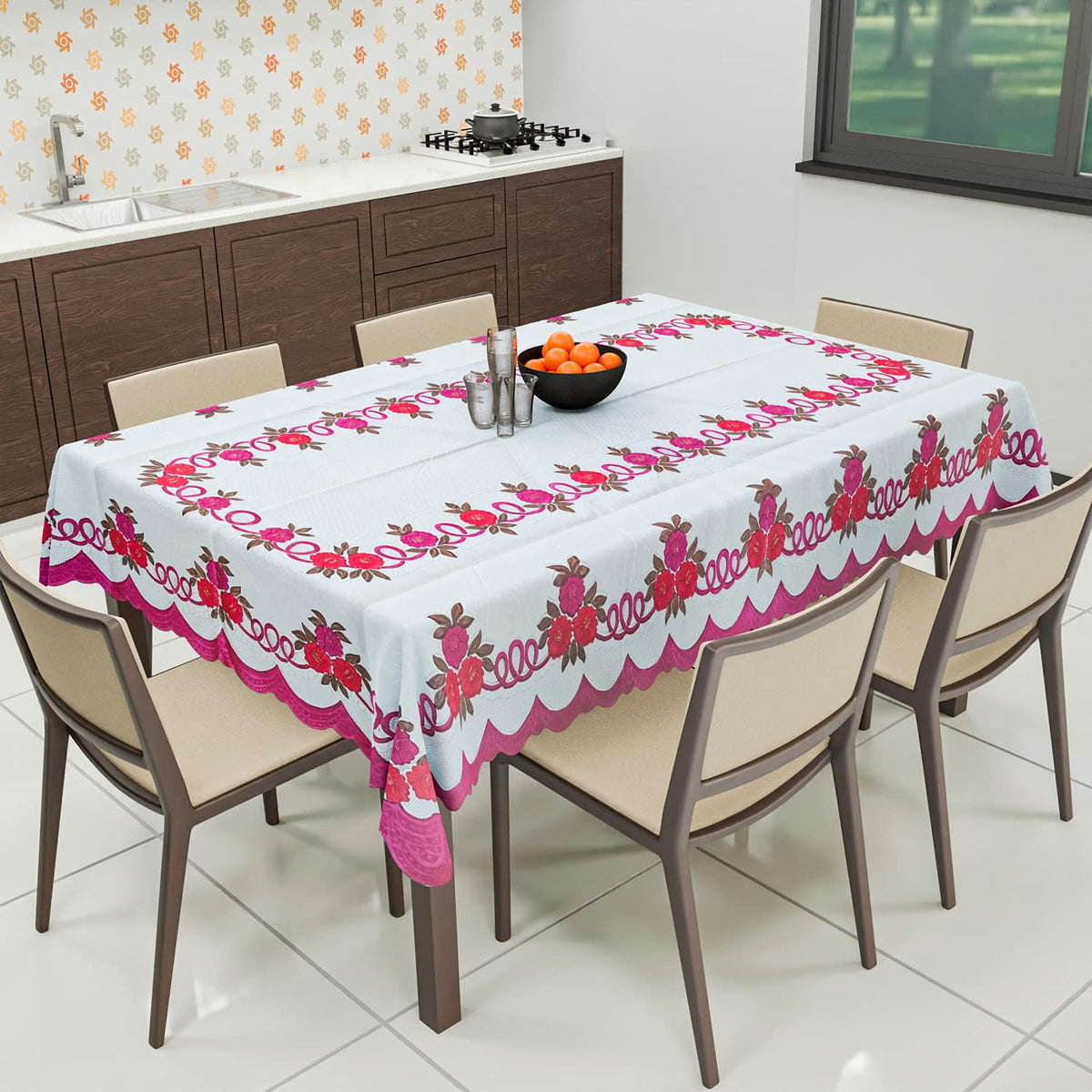 Heart Home Cotton Floral Print Waterproof Attractive Dining Table Cover|Tablecloth for Home Decorative, 60x90 Inch (White Pink)