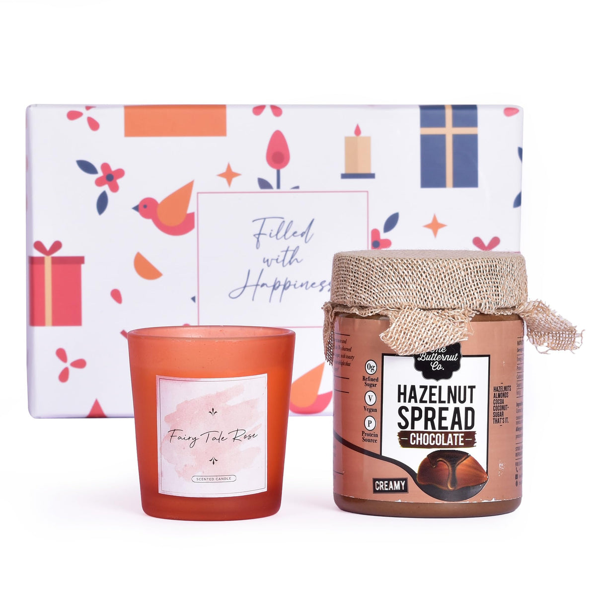 Gleevers Indulgent Delights Gift Set for Housewarming & Diwali|Gift Box of 2 with Hazelnut Spread(200 g) & Candle(Fairy Tale Rose,60 g)|Gift for Housewarming,Diwali Gift,Secret Santa Gifts