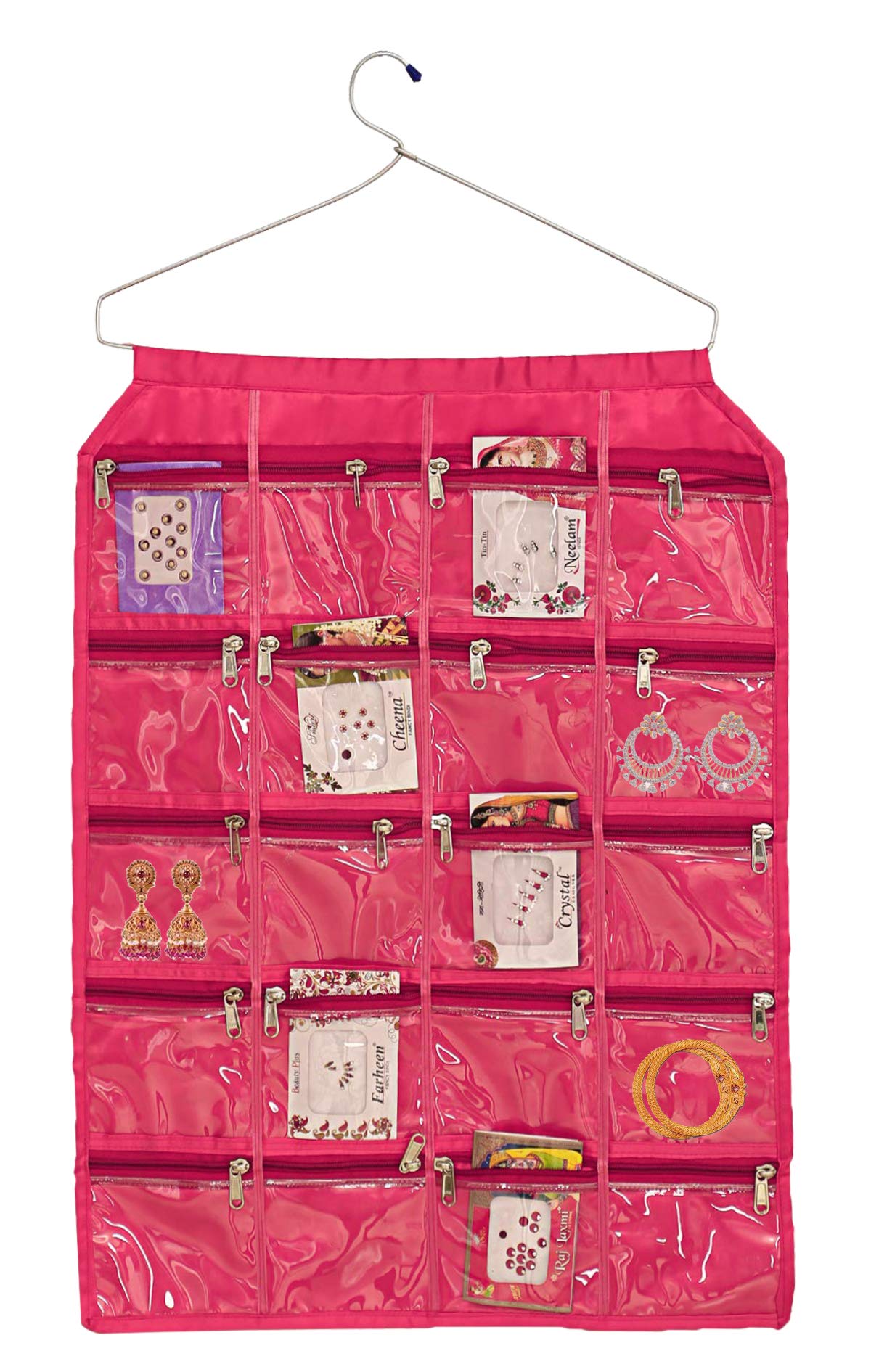 Kuber Industries Hanging Jewellery Organisers with 20 Zipper Pockets|Metal Hanger|Zipper Pockets (Pink)