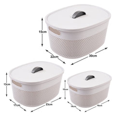 Kuber Industries Unbreakable Multipurpose Storage Baskets with lid|Design-Netted|Material-Plastic|Shape-Oval|Color-Grey|Small,Medium and Large|Pack of 3