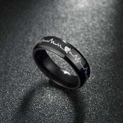 Yellow Chimes Rings for Men Black Colored Band Heartbeat Love Message Stainless Steel Ring for Men and Boys