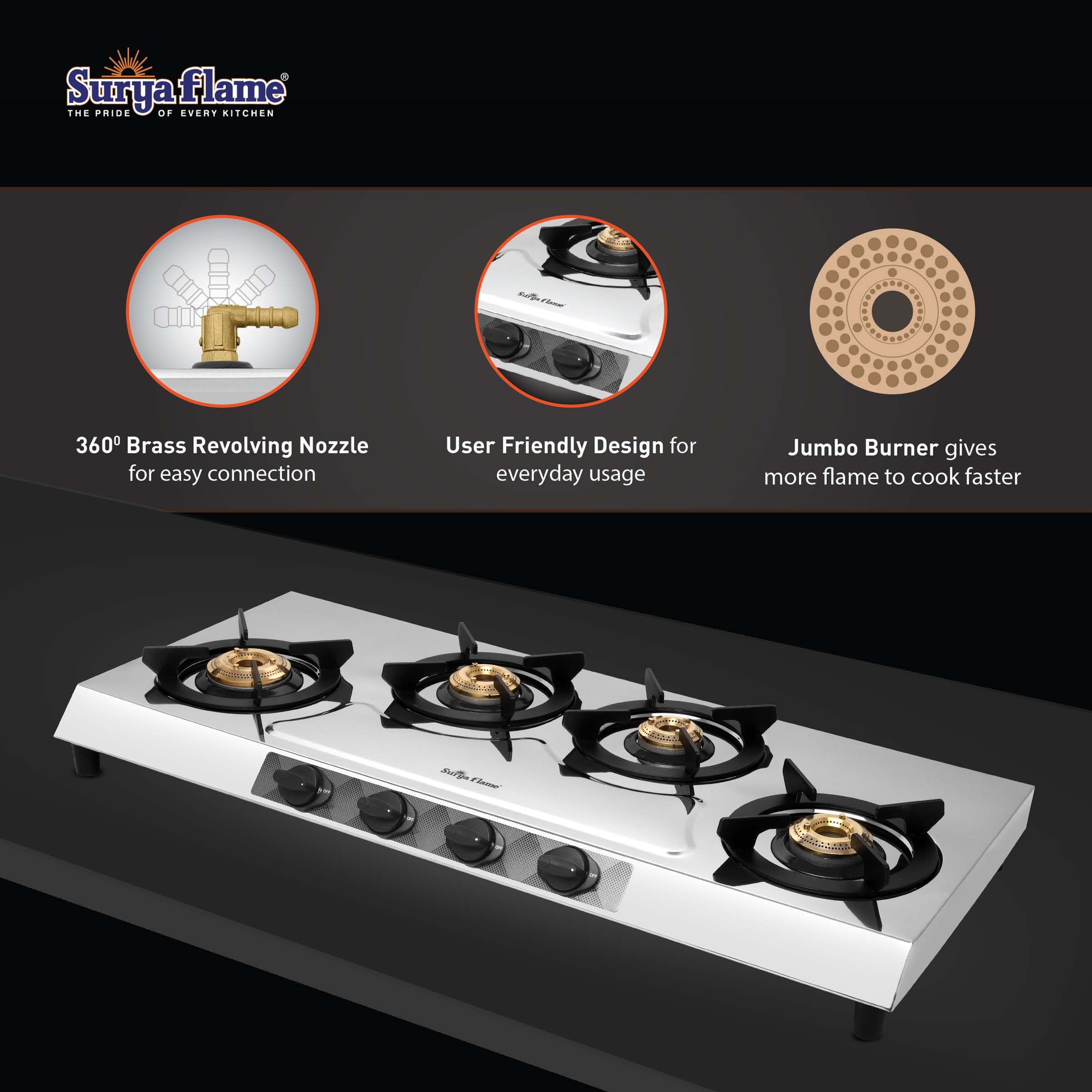 Surya Flame Olympus Gas Stove 3 Burner LPG Stove with Stainless Steel Pan Support Anti Skid Rubber Legs - 2 Years Complete Doorstep Warranty