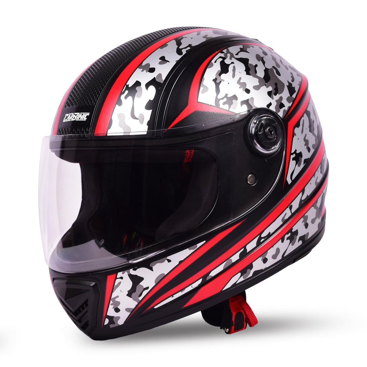 CARBINIC Nickel Series Full Face Helmet for Men & Women | ISI Certified | Clear & Scratch Resistant Visor | Lightweight & Stylish | Medium | Red Graphic