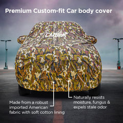 CarBinic Car Cover for Tata Tiago 2021 Water Resistant (Tested) and Dustproof Custom Fit UV Heat Resistant Outdoor Protection with Triple Stitched Fully Elastic Surface | Jungle with Pockets