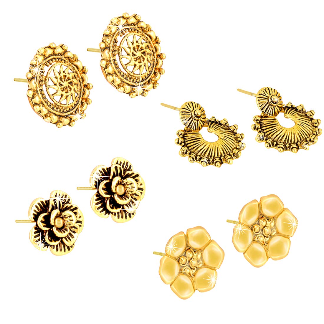 Yellow Chimes Stylish COMBO 4 Pairs of Oxidized Gold Plated Designer Traditional Studs Earrings for Women and Girls (Combo-3)