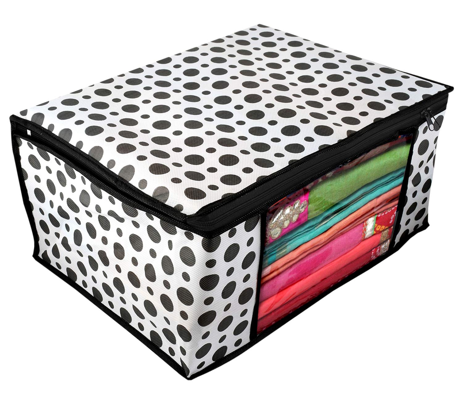 Kuber Industries Polka Dots Design 2 Piece Non Woven Fabric Saree Cover/Clothes Organiser for Wardrobe Set with Transparent Window, Extra Large, (Black & White) -CTKTC038086
