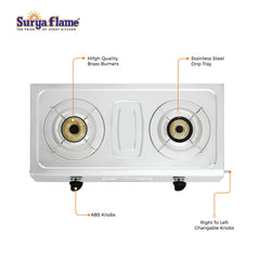 Surya Flame Ultimate LPG Gas Stove 2 Burners Manual Ignition with Stainless Steel Pan Support | 2 Years Complete Doorstep Warranty