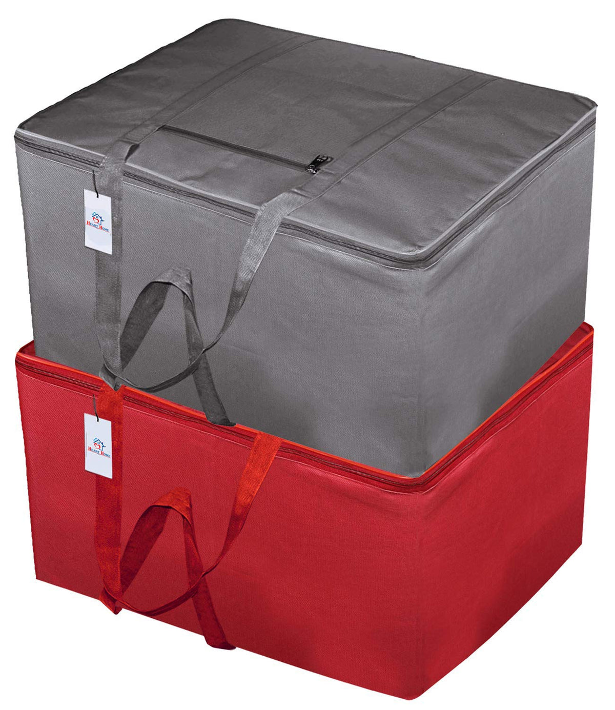 Heart Home Small Size Lightweight Foldable Rexine Jumbo Underbed Storage Bag With Zipper And Handle (Grey & Red)-Pack of 2 (F_26_HEARTH016816)