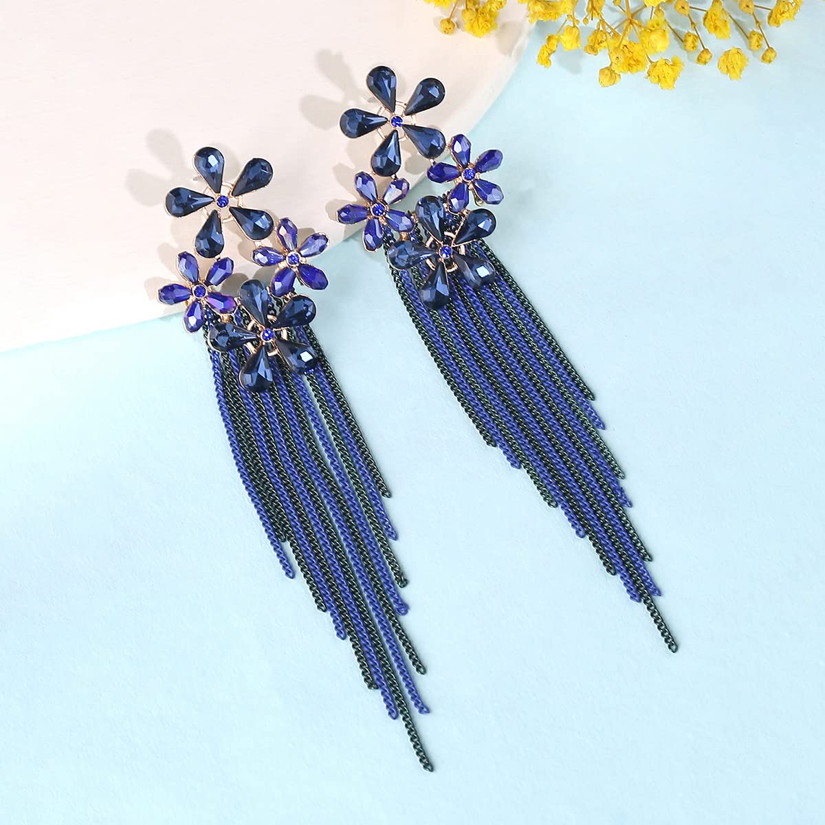 Yellow Chimes Crystal Danglers Earrings for Women Floral Shaped Crystal Blue Long Chain Dangler Earrings for Women and Girls