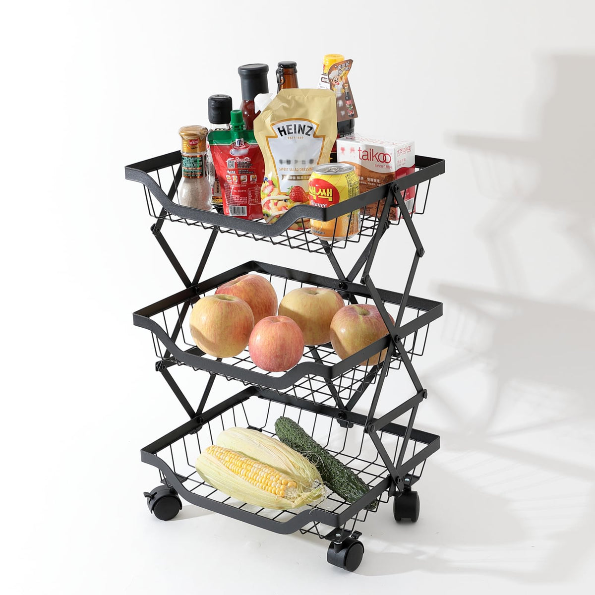 UMAI Collapsible Storage Organizer Baskets Three Layer | Kitchen Racks for Storage of Fruits & Vegetables | Foldable Storage | Kitchen Organizer Items and Storage | Black