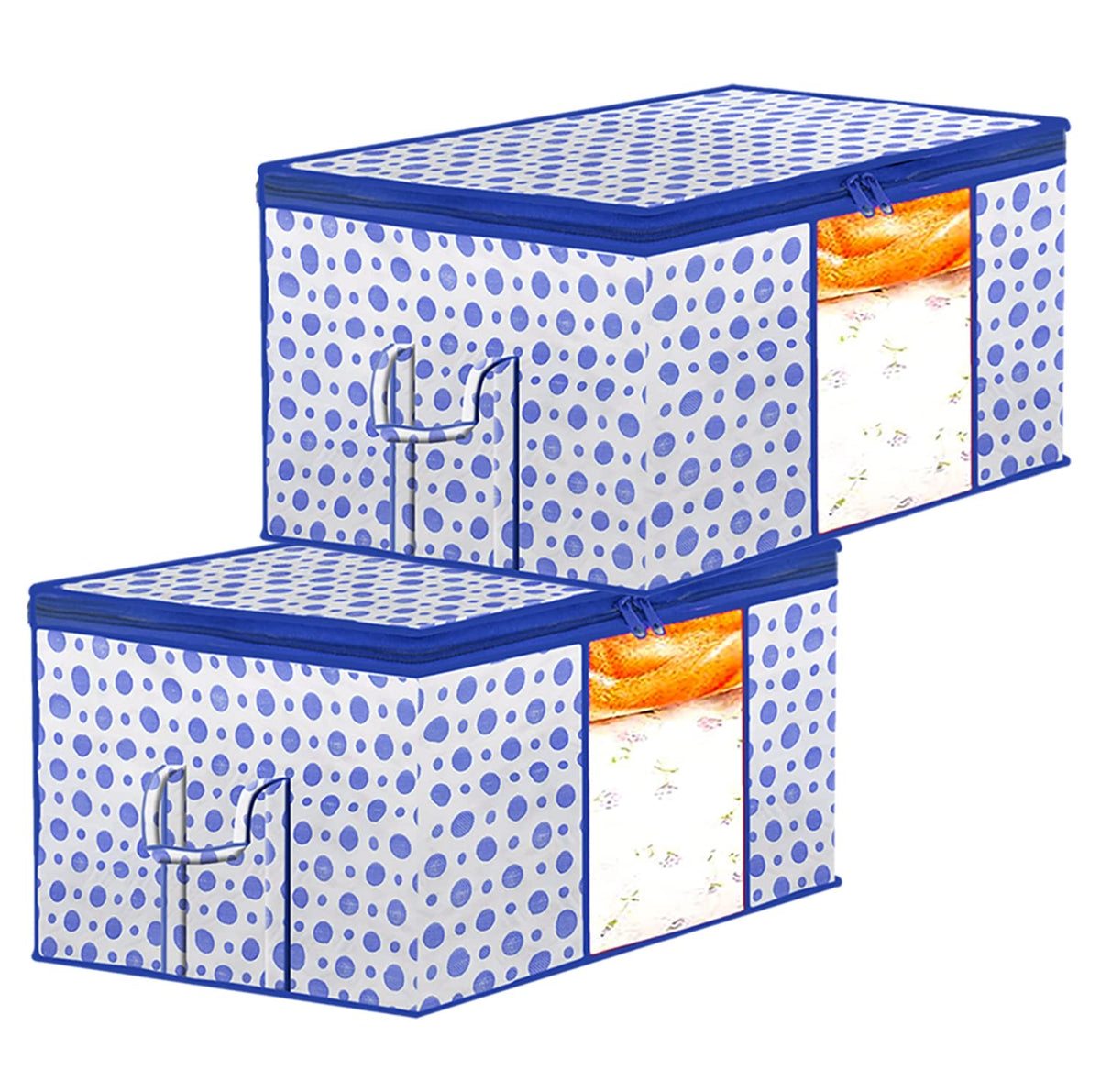 Kuber Industries Dot Printed Multiuses Non Woven Underbed/Storage Bag/Organizer With Transparent Window & Handle Pack of 2 (Blue)-46KM0601