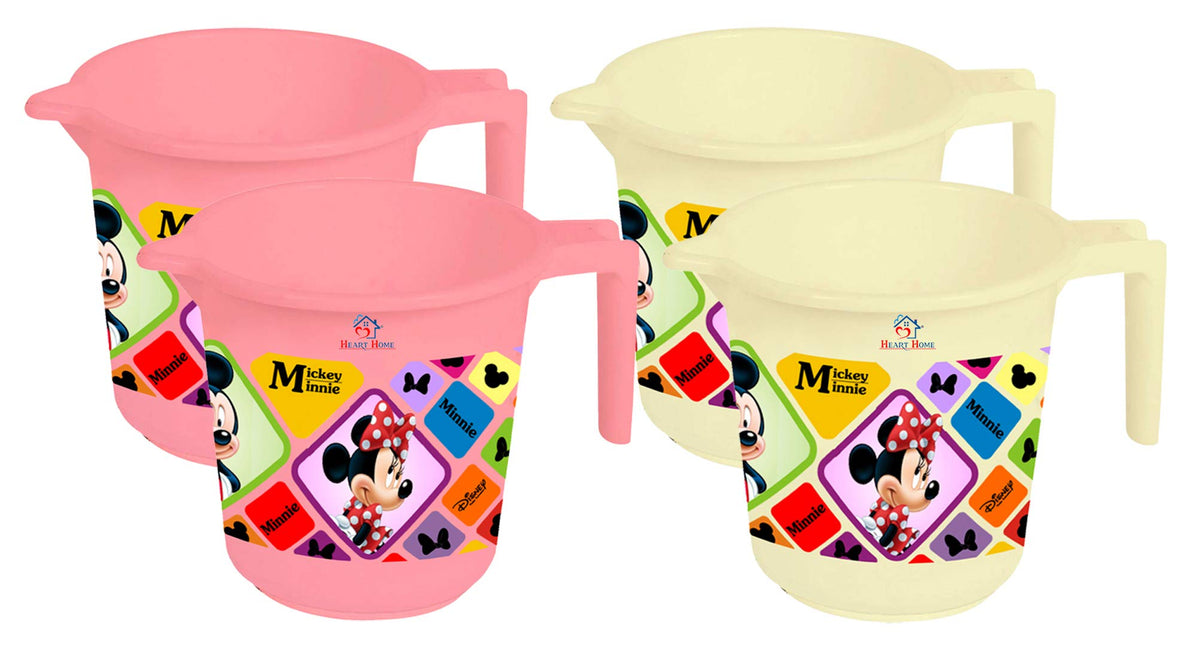 Heart Home Disney Mickey Minnie Print Plastic Bathing Mugs for Bathroom Bath Accessory, 500 ML (Set of 4,Pink & Cream) -HS_35_HEARTHS17572