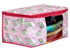 Kuber Industries Leaf Design Non-woven Foldable Saree Cover|Clothes Storage Bag|Wardrobe Organizer|Transparent Window|Pack of 6 (Pink)-44KM0363