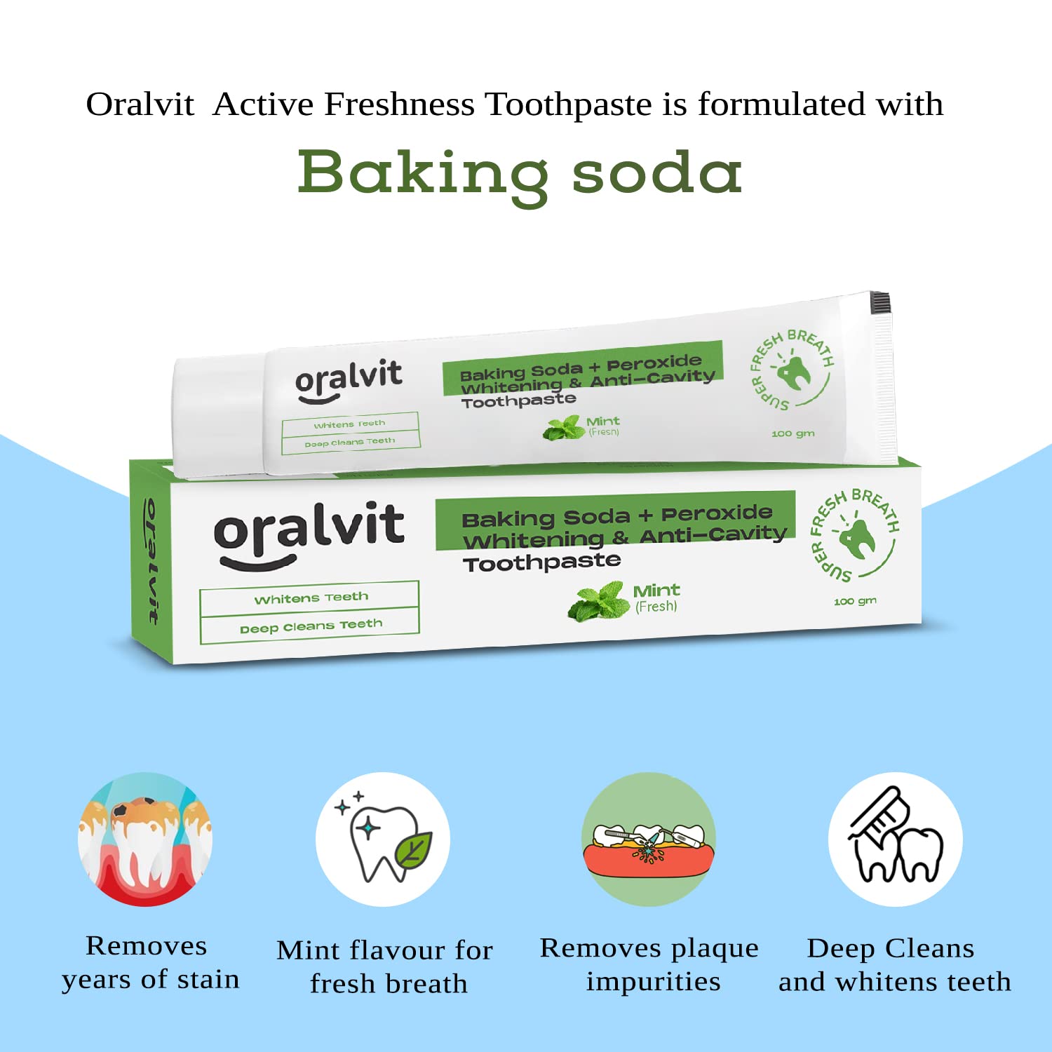 Oralvit Baking Soda and Peroxide Toothpaste for Whitening & Anti-Cavity | Toothpaste with Fresh Mint | Deep Cleanse |Super Fresh Breath | Extreme Whitening– 100gm Mint Flavour