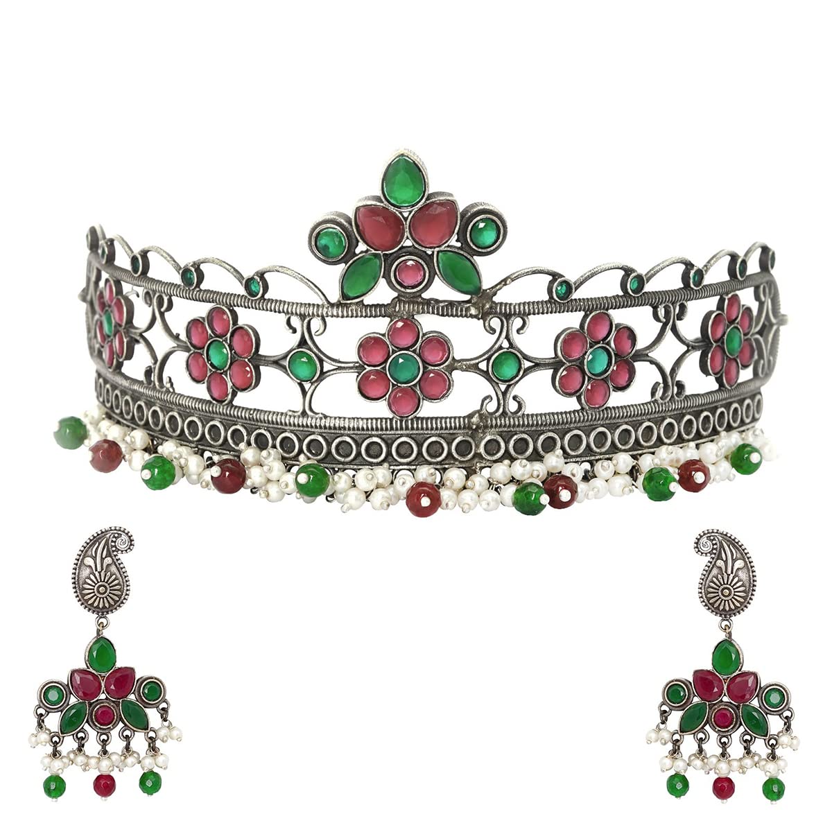 TEEJH Jasmine Silver Oxidised Multicolored Choker Necklace For Women