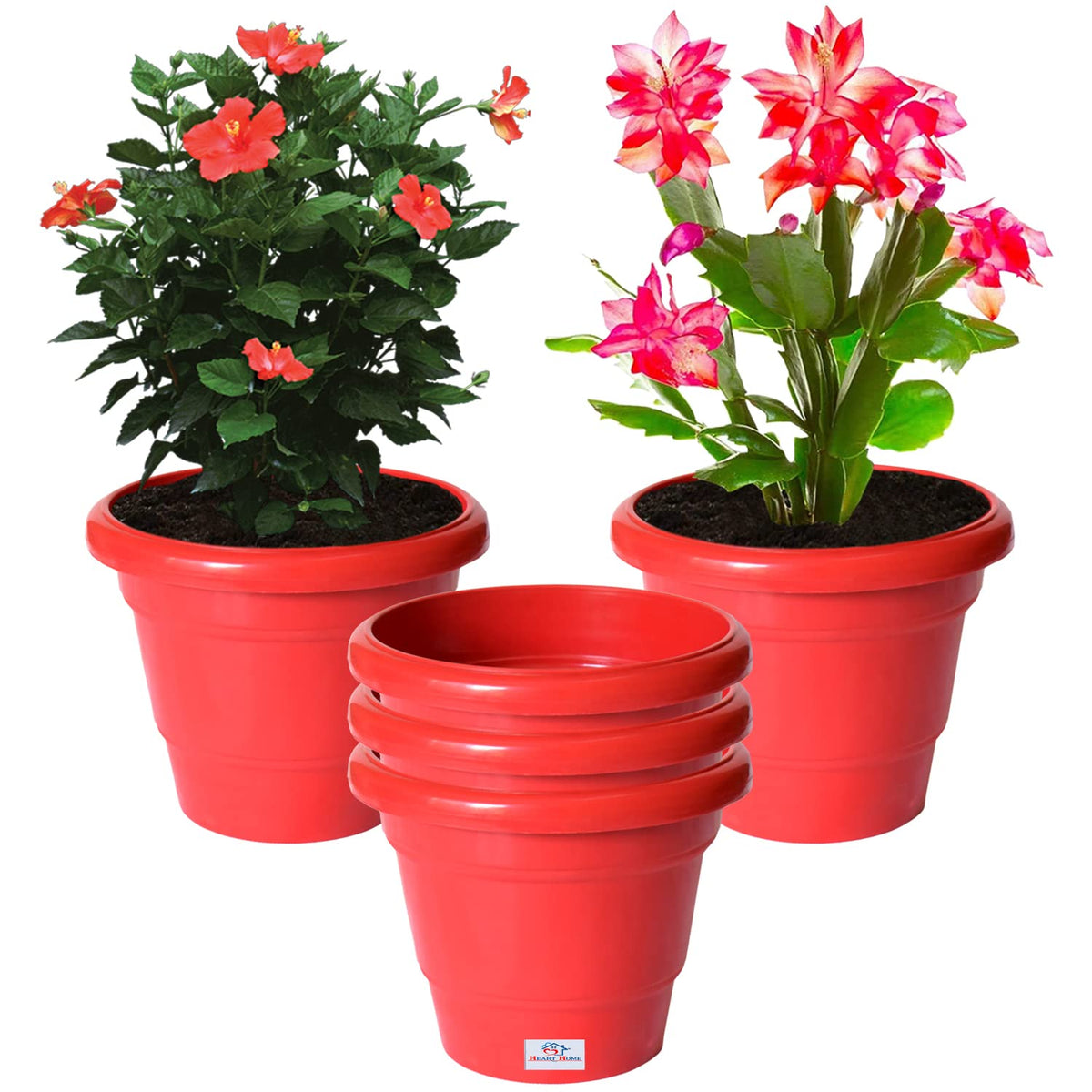 Heart Home Solid 2 Layered Plastic Flower Pot|Gamla for Home Decor,Nursery,Balcony,Garden,8"x 6",Pack of 5 (Red)