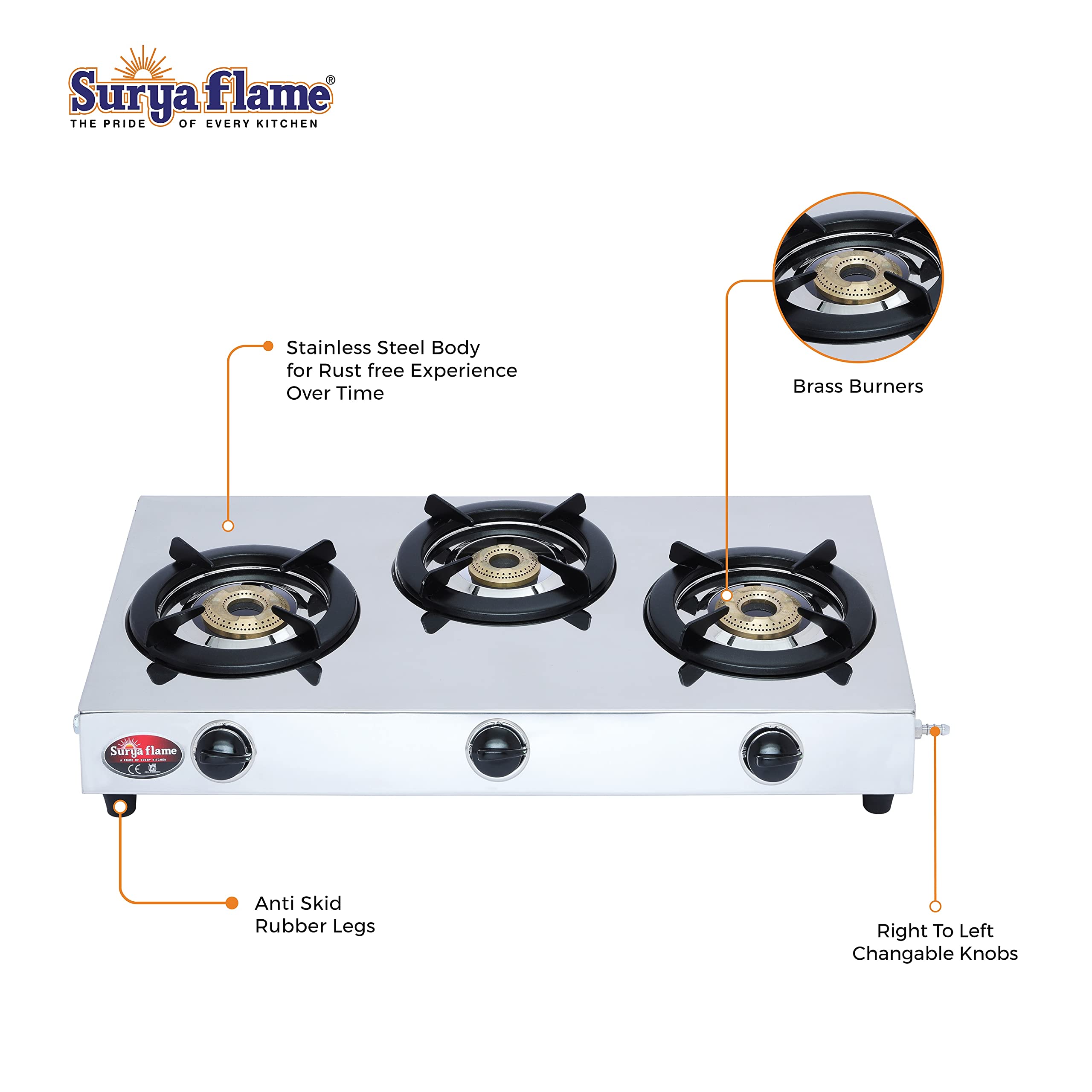 Surya Flame Triple Cook Gas Stove 3 Burners | Stainless Steel Body | Manual LPG Gas Stove | Sleek Desing Body With Anti Skid Rubber Legs - 2 Years Complete Doorstep Warranty (2)