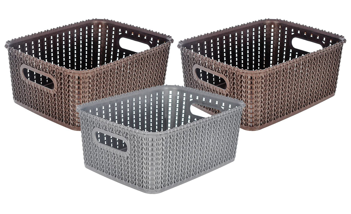 Kuber Industries Multipurposes Large M 20 Plastic Basket, Organizer For Kitchen, Countertops, Cabinets, Bathrooms Without Lid- Pack of 3 (Brown & Grey & Brown) -46KM0106